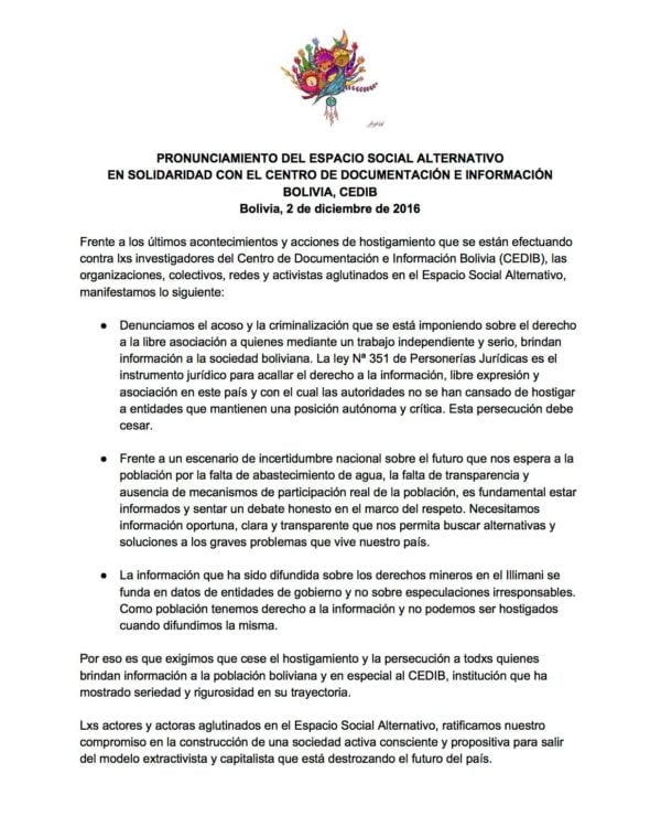 Pronunciamiento del Espacio Social Alternativo en Solidaridad con el Centro de Documentación e Información Bolivia – CEDIB Pronunciamiento del Espacio Social Alternativo en Solidaridad con el Centro de Documentación e Información Bolivia – CEDIB