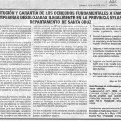 Restitución y garantías de los derechos fundamentales de las familias campesinas desalojadas