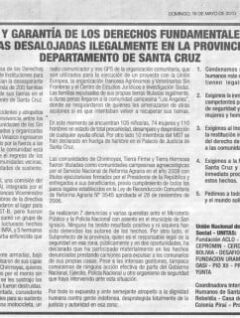 Restitución y garantías de los derechos fundamentales de las familias campesinas desalojadas