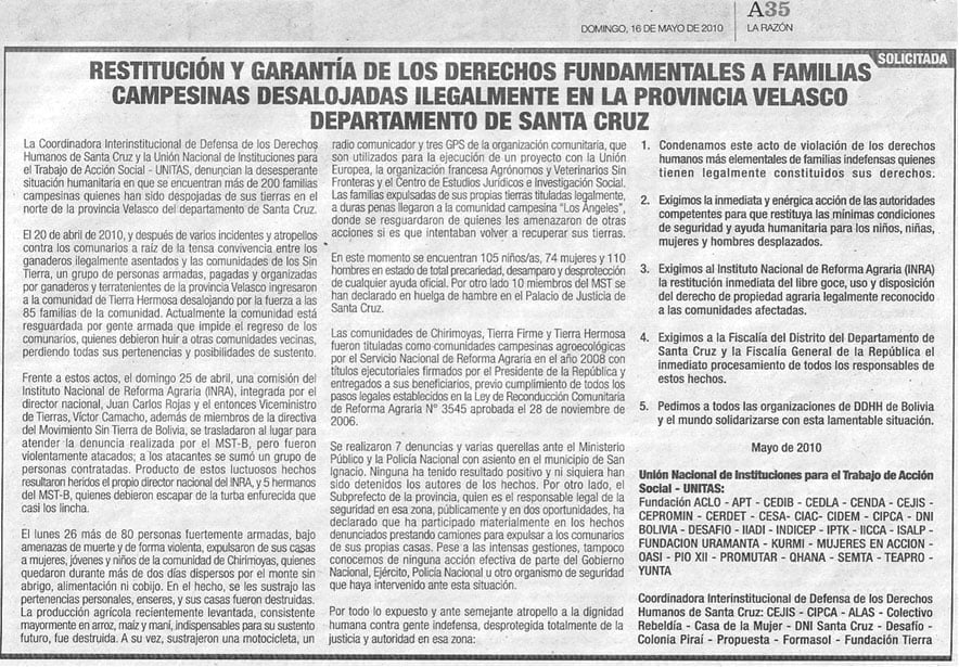 Restitución y garantías de los derechos fundamentales de las familias campesinas desalojadas