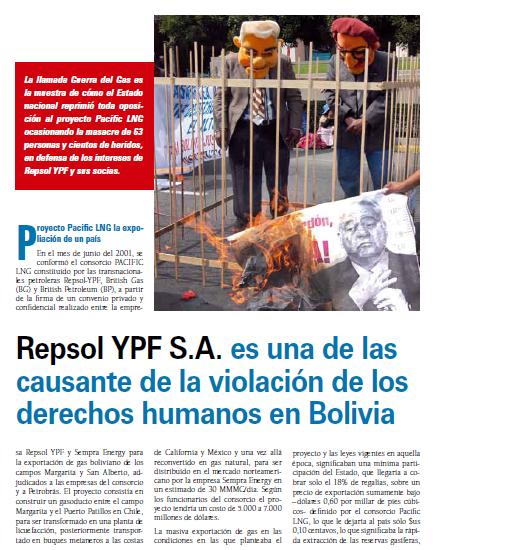 Repsol YPF S.A. es una de las causante de la violación de los derechos humanos en Bolivia (Petropress 9, abril 2008)