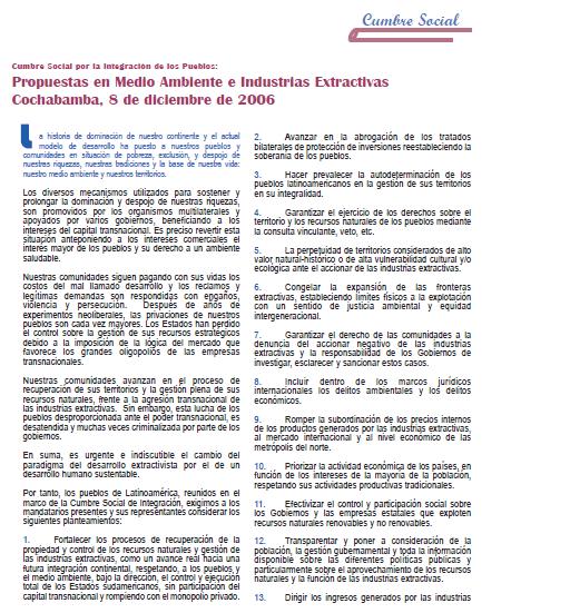 Cumbre Social por la Integración de los Pueblos: Propuestas en Medio Ambiente e Industrias Extractivas Cochabamba, 8 de diciembre de 2006 (Petropress 5, diciembre 2006)