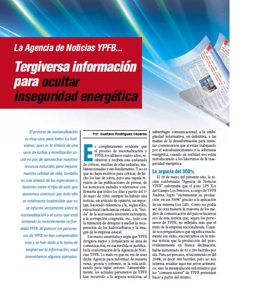 La Agencia de Noticias YPFB… tergiversa información para ocultar inseguridad energética (Petroress 20, 6.10)