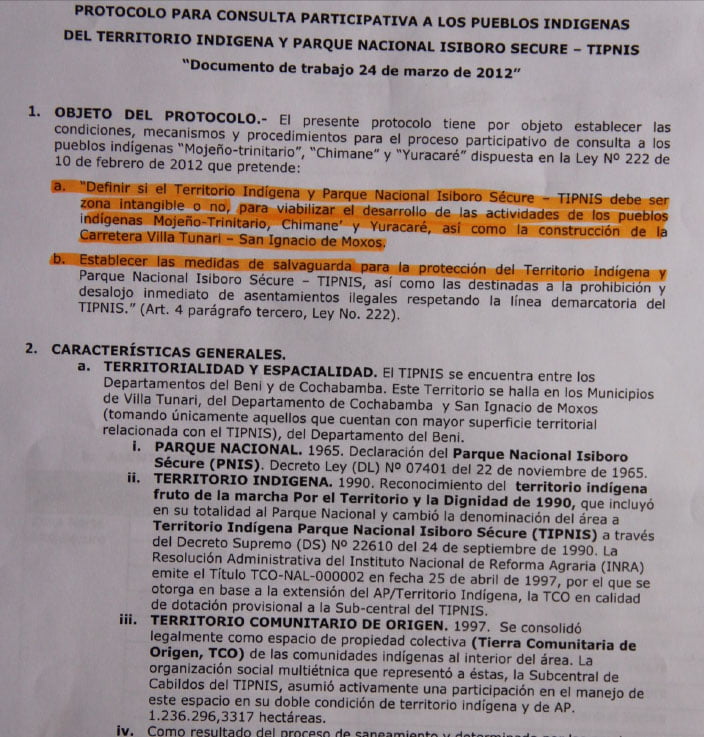 Protocolo para consulta participativa a los pueblos indígenas del TIPNIS, Documento de trabajo 24-03-12