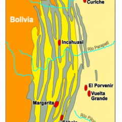 Mapa de trenes estructurales del subandino sur y ubicación de los yacimientos existentes