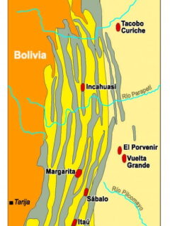 Mapa de trenes estructurales del subandino sur y ubicación de los yacimientos existentes