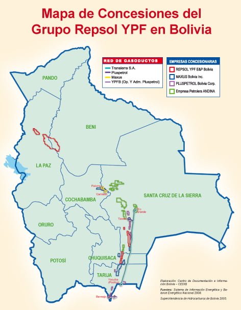 Mapa de concesiones del grupo Repsol YPF en Bolivia