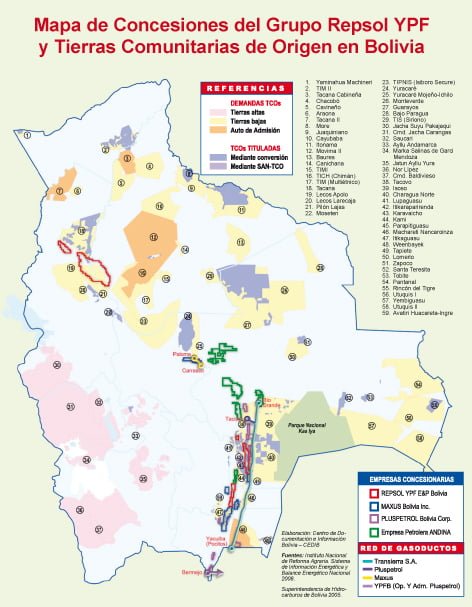 Mapa de concesiones del grupo Repsol YPF y Tierras Comunitarias de Origen en Bolivia