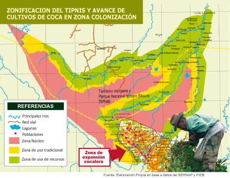 Zonificación del TIPNIS y avance de cultivos de coca en zona colonización