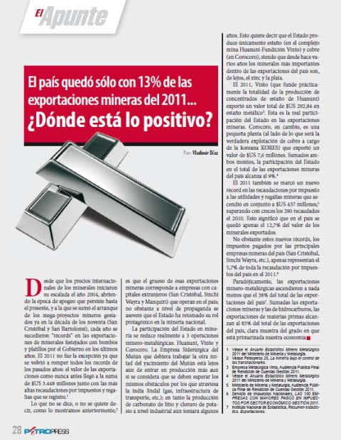 El país quedó sólo con 13% de las exportaciones mineras del 2011… ¿Dónde está lo positivo? (Petropress 28, mayo-junio 2012)