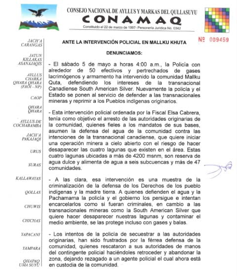 CONAMAQ: Ante la intervención policial en Mallkhu Khota (08-05-12)