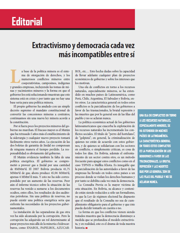 Extractivismo y democracia cada vez más incompatibles entre sí, Editorial (Petropress 29, 9.12)