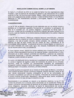 Resolución de la Cumbre social de las tierras bajas sobre la Ley Minera