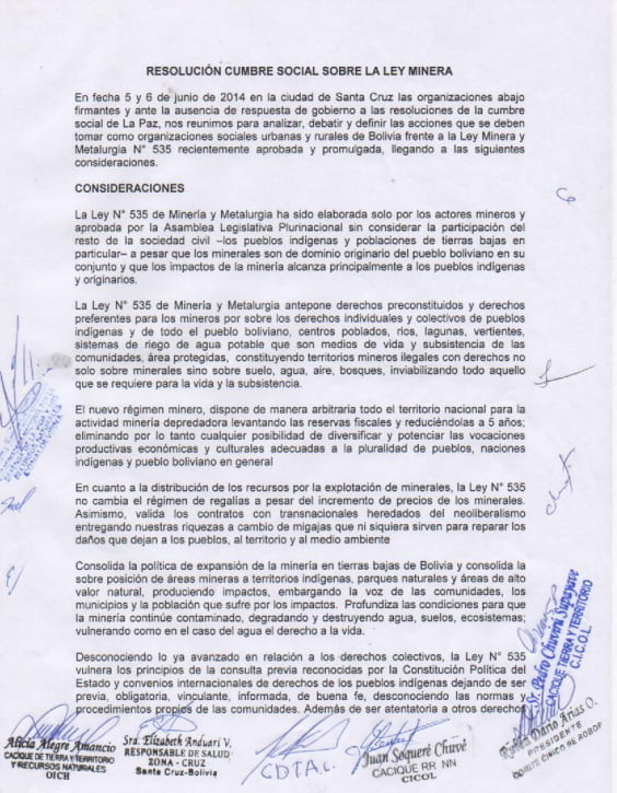 Resolución de la Cumbre social de las tierras bajas sobre la Ley Minera