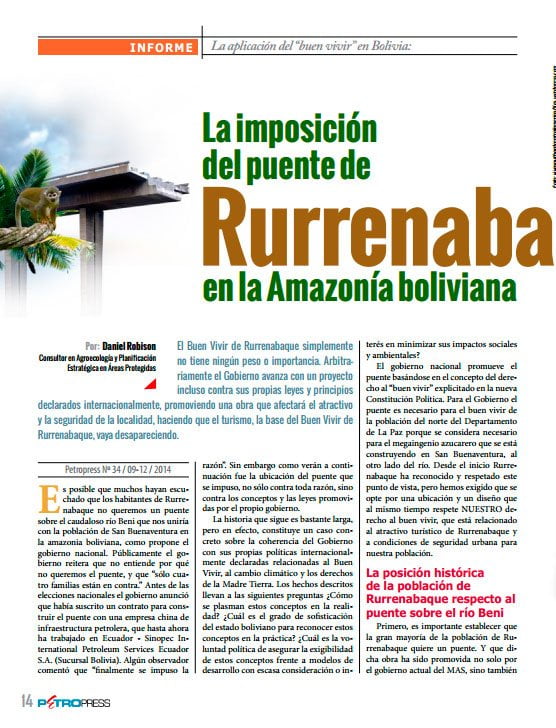 La aplicación del “buen vivir” en Bolivia: La imposición del puente de Rurenabaque en la Amazonía Boliviana (Petropress 34, 3.15)