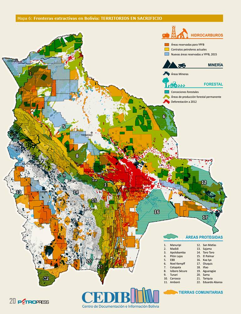 Este es mapa d elas actividades extractivas en Bolivia
