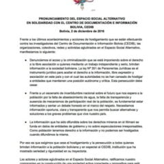 Pronunciamiento del Espacio Social Alternativo en Solidaridad con el Centro de Documentación e Información Bolivia – CEDIB