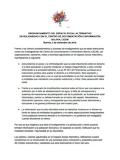 Pronunciamiento del Espacio Social Alternativo en Solidaridad con el Centro de Documentación e Información Bolivia – CEDIB