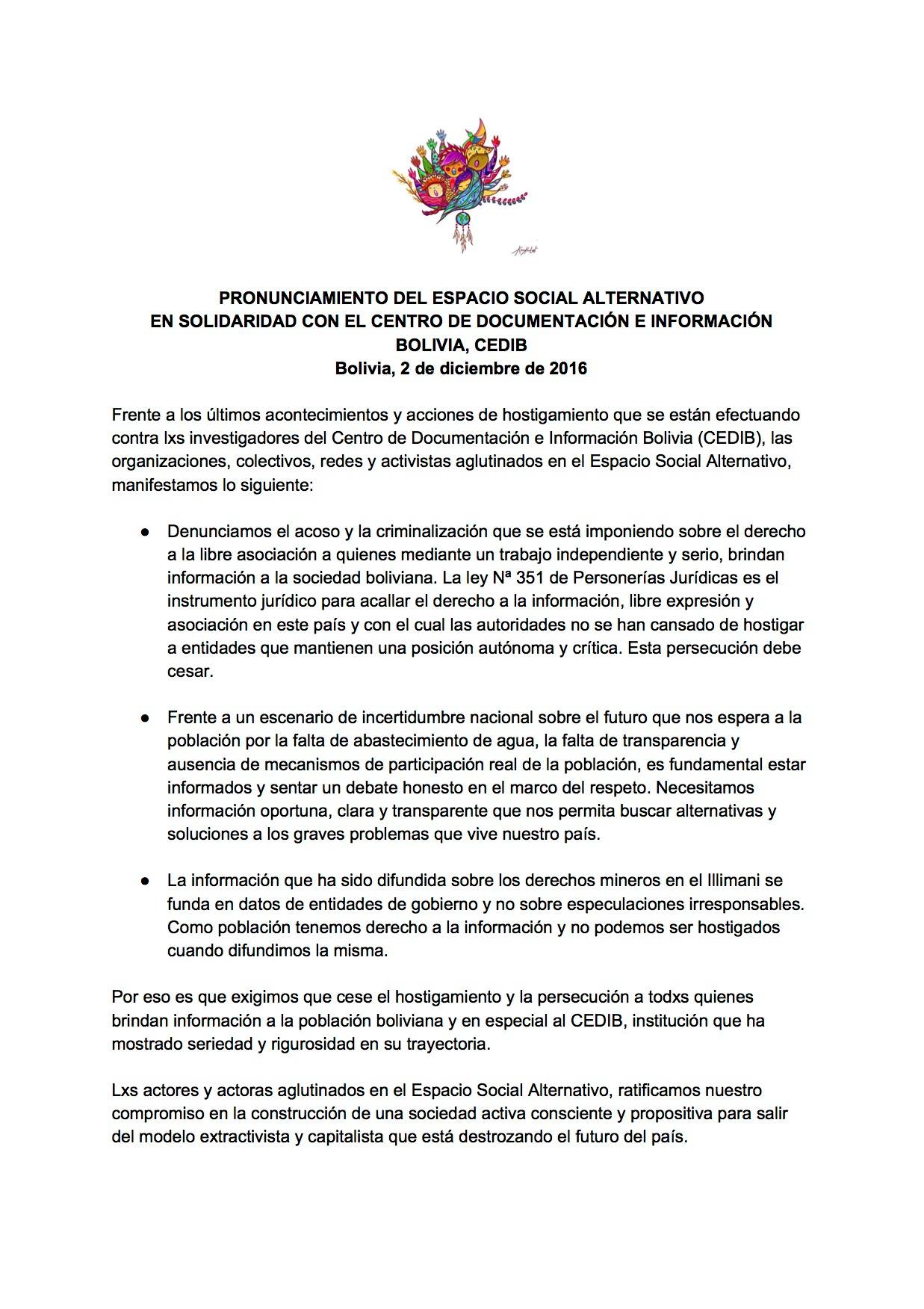 Pronunciamiento del Espacio Social Alternativo en Solidaridad con el Centro de Documentación e Información Bolivia – CEDIB