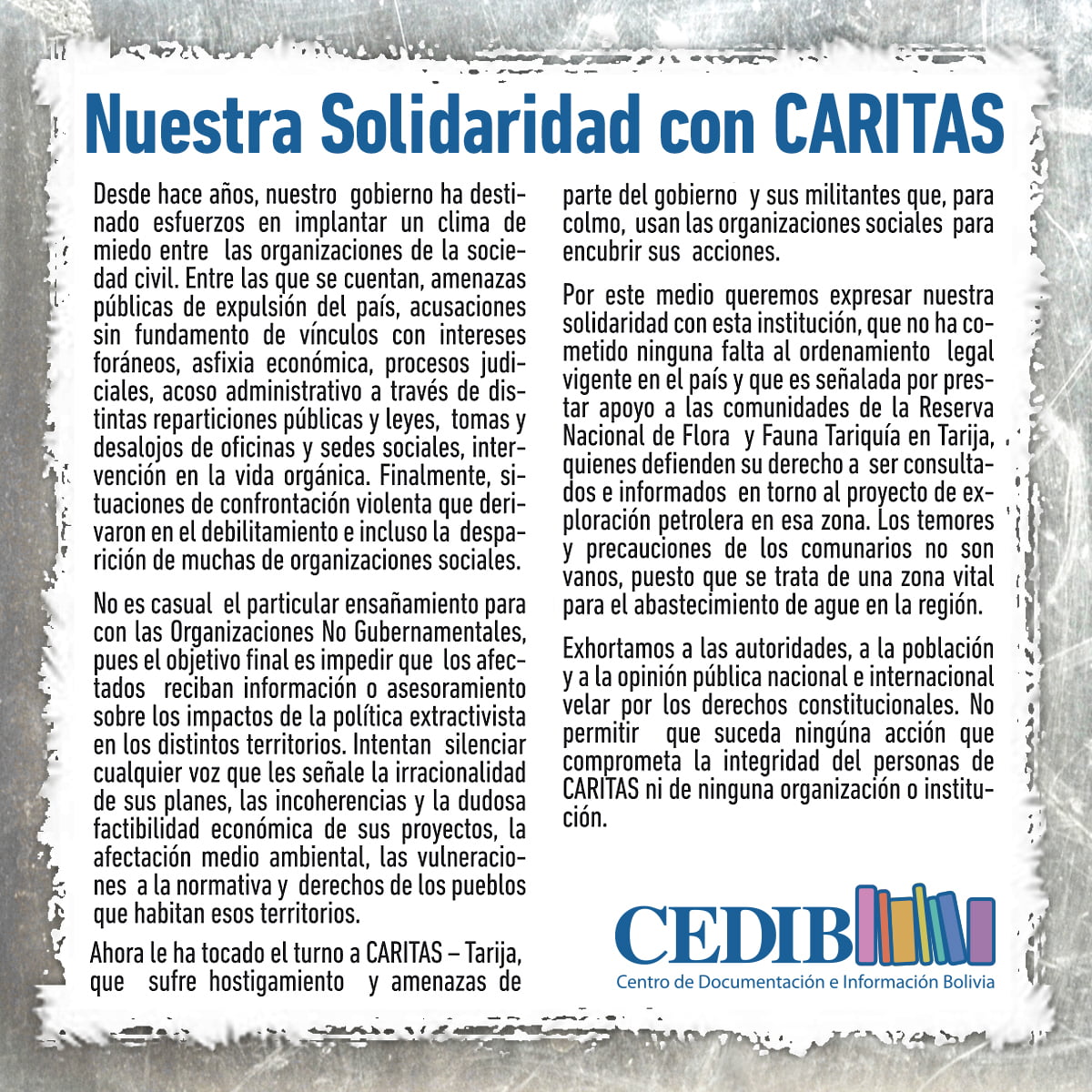 Nuestra Solidaridad con CARITAS (CEDIB, 4-7-17)