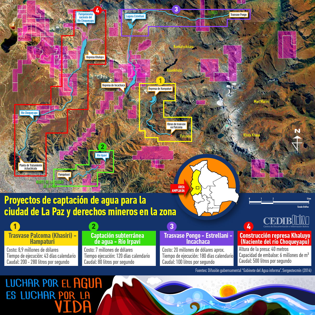 Mapa proyectos de captación de agua en la ciudad de La Paz y derechos mineros en la zona