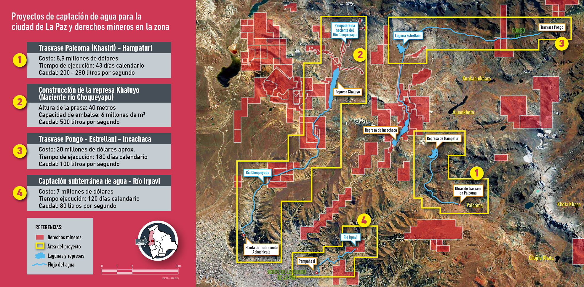 Mapa proyectos de captación de agua en la ciudad de La Paz y derechos mineros en la zona