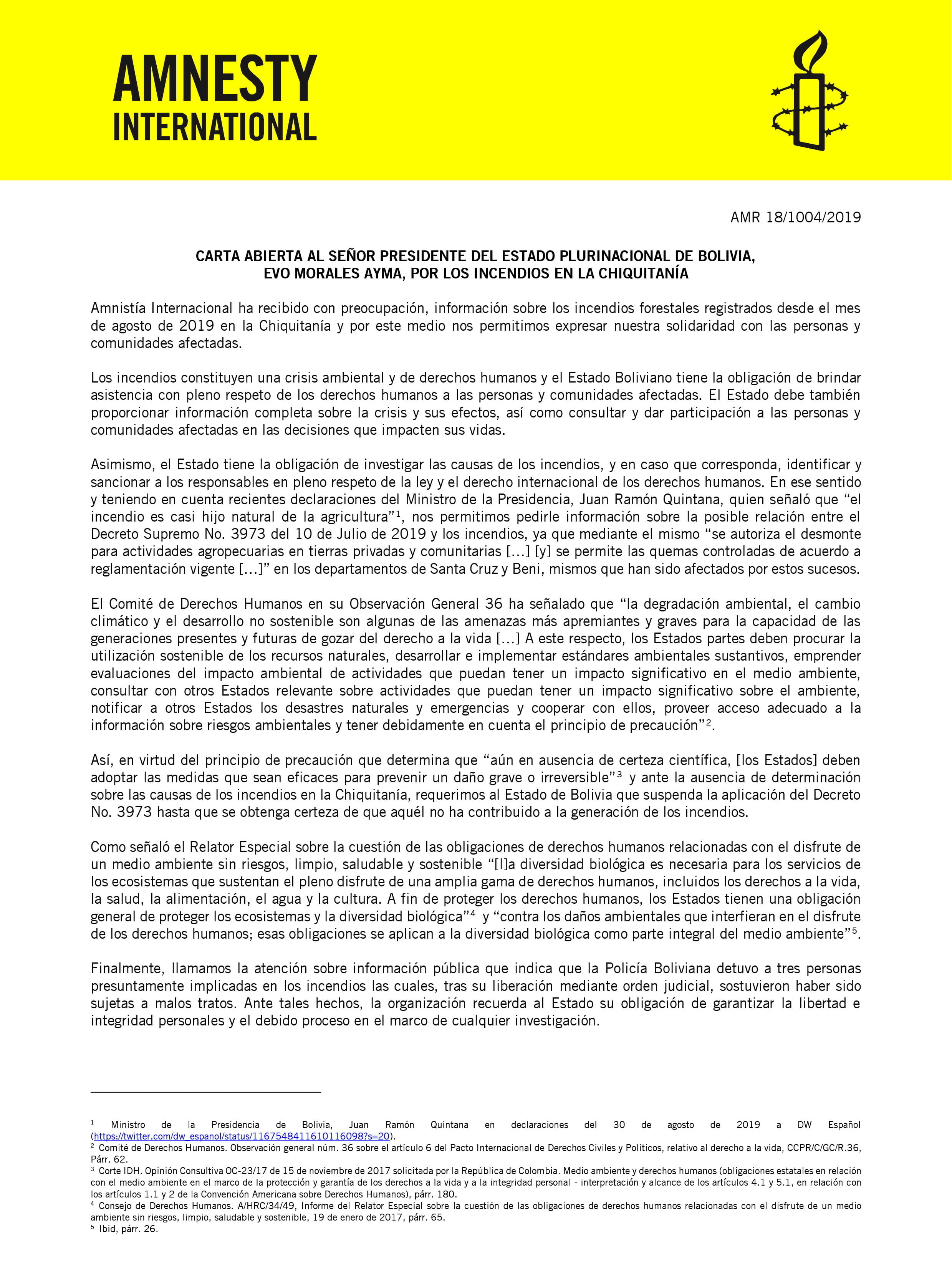 Carta abierta al señor presidente del Estado Plurinacional de Bolivia, Evo Morales Ayma, por los incendios en la Chiquitanía