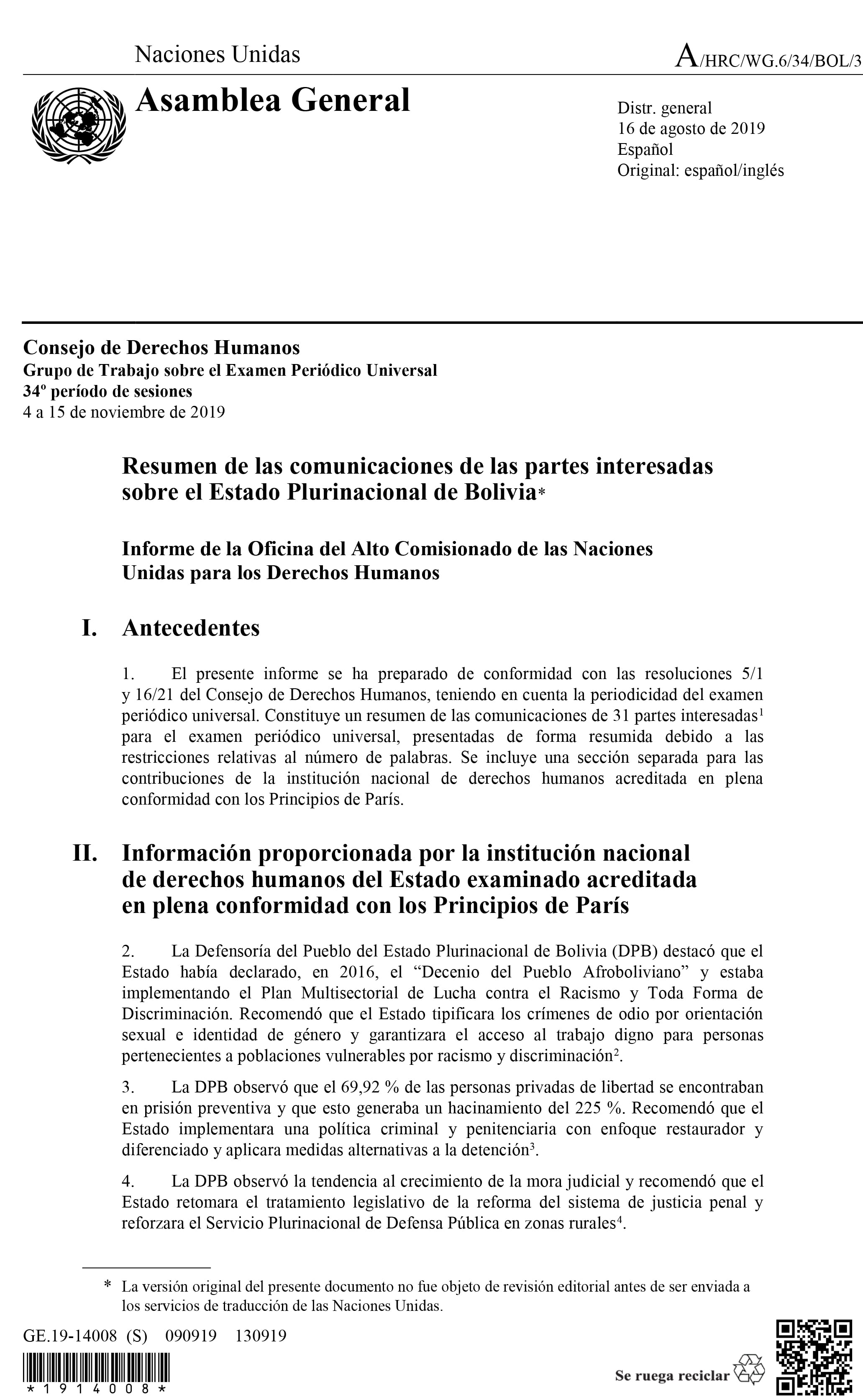 Recomendaciones del Alto Comisionado de la ONU para el examen sobre DDHH a Bolivia