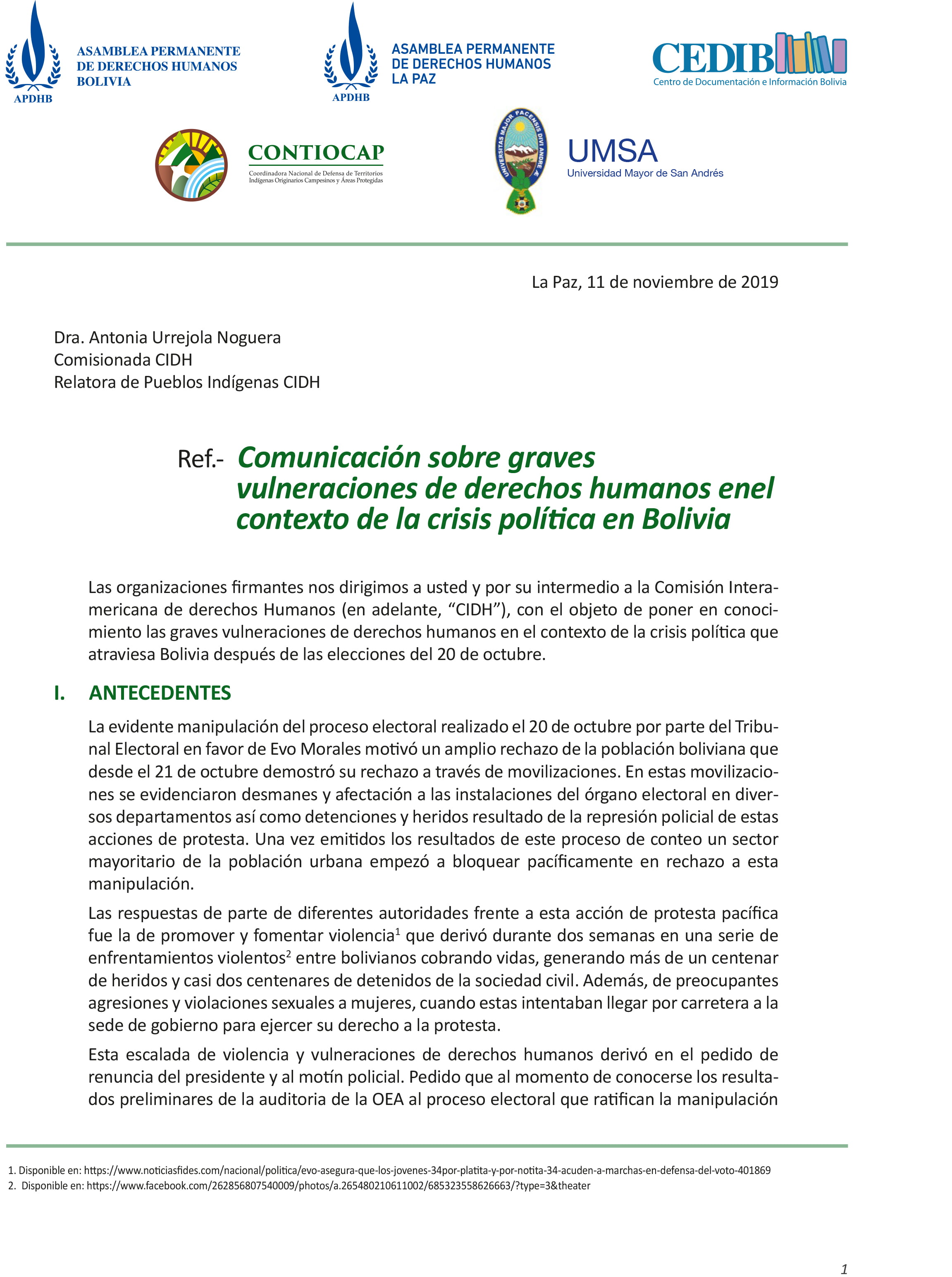 Comunicación sobre Graves vulneraciones de derechos humanos en el contexto de la crisis política en Bolivia (11.11.19)