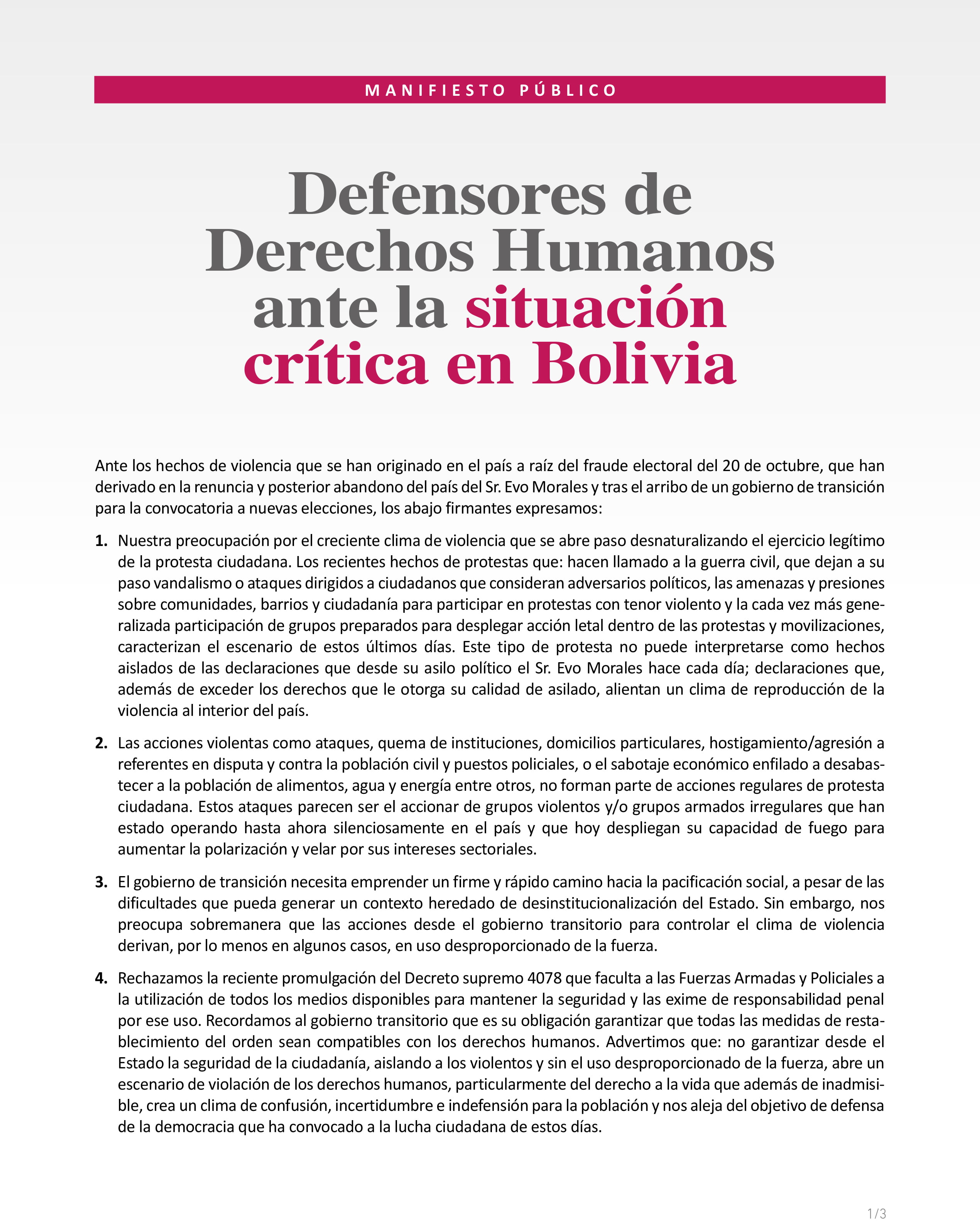 Defensores de Derechos Humanos ante la situación crítica en Bolivia (19-11-19)