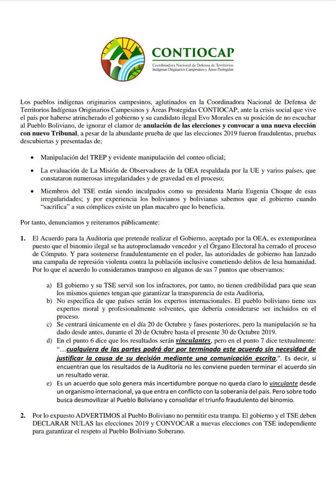 Pronunciamiento plataforma Agroecológica del trópico, subtrópico y Chaco ante crisis política (27.10.19)
