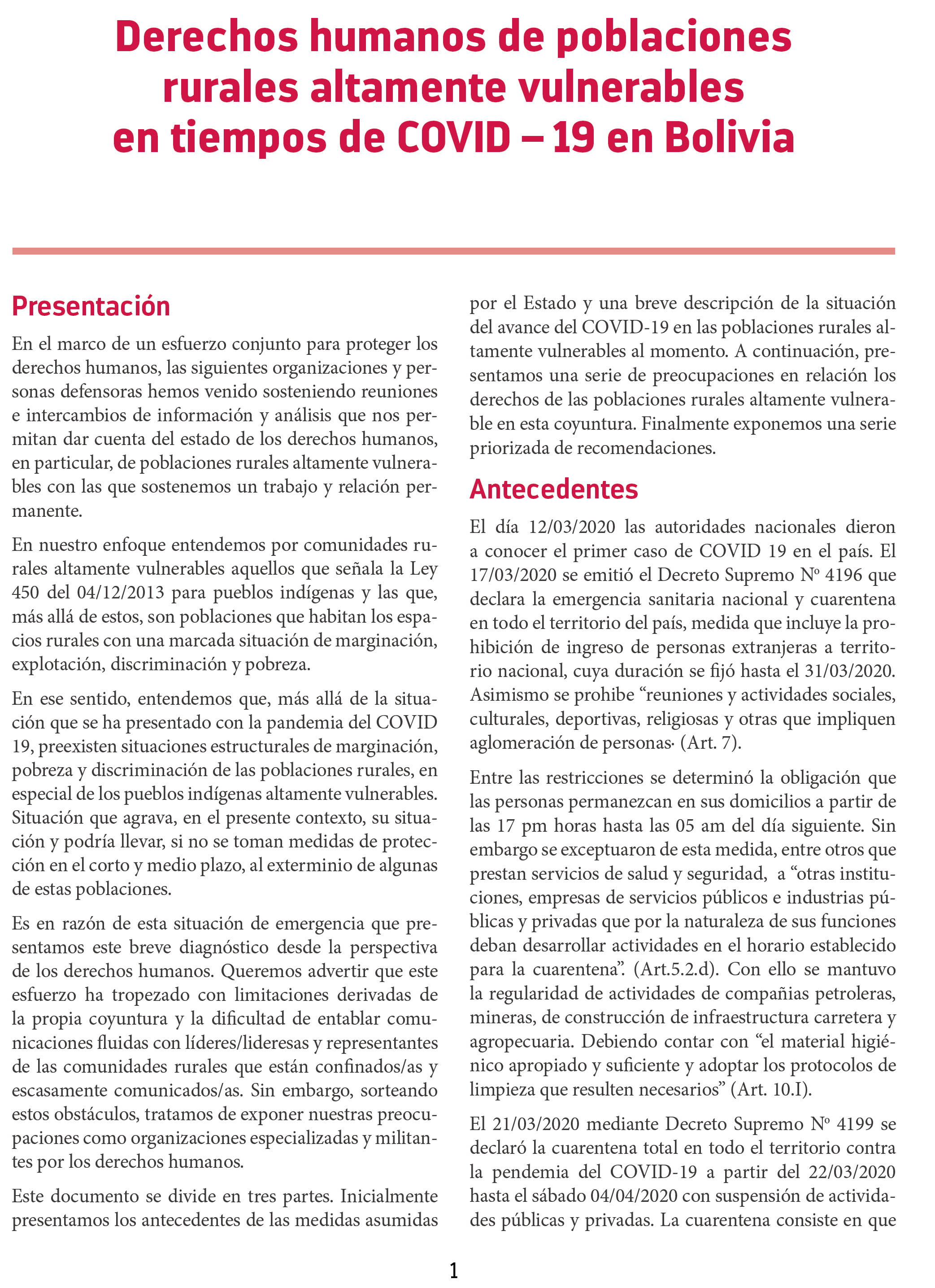 Derechos humanos de poblaciones rurales altamente vulnerables en tiempos de COVID19 en Bolivia