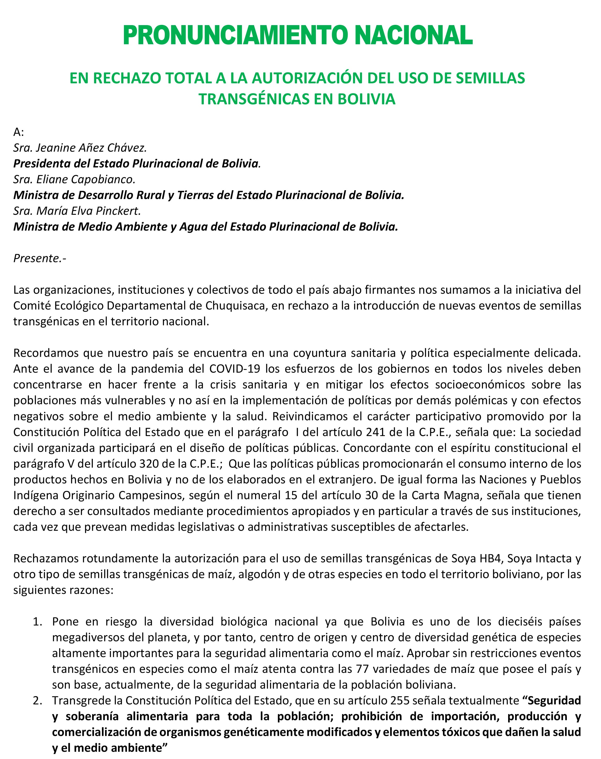Pronunciamiento nacional en rechazo total a la autorización del uso de semillas trasngénicas en Bolivia (Mayo,2020))