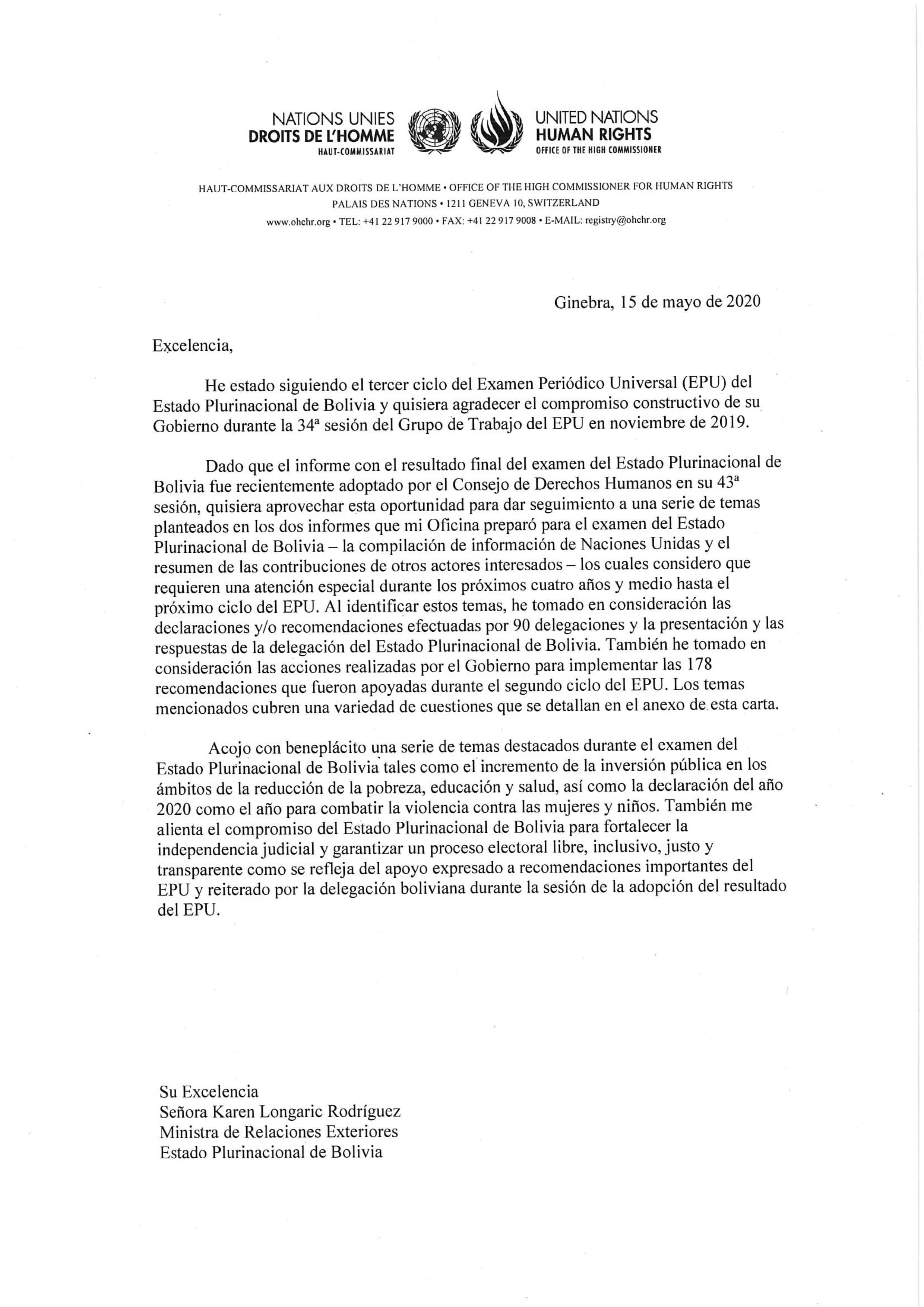 Carta de Bolivia Alta Comisionada ONU para los Derechos Humanos a la Cancillería de Bolivia en relación al Examen Periódico Universal