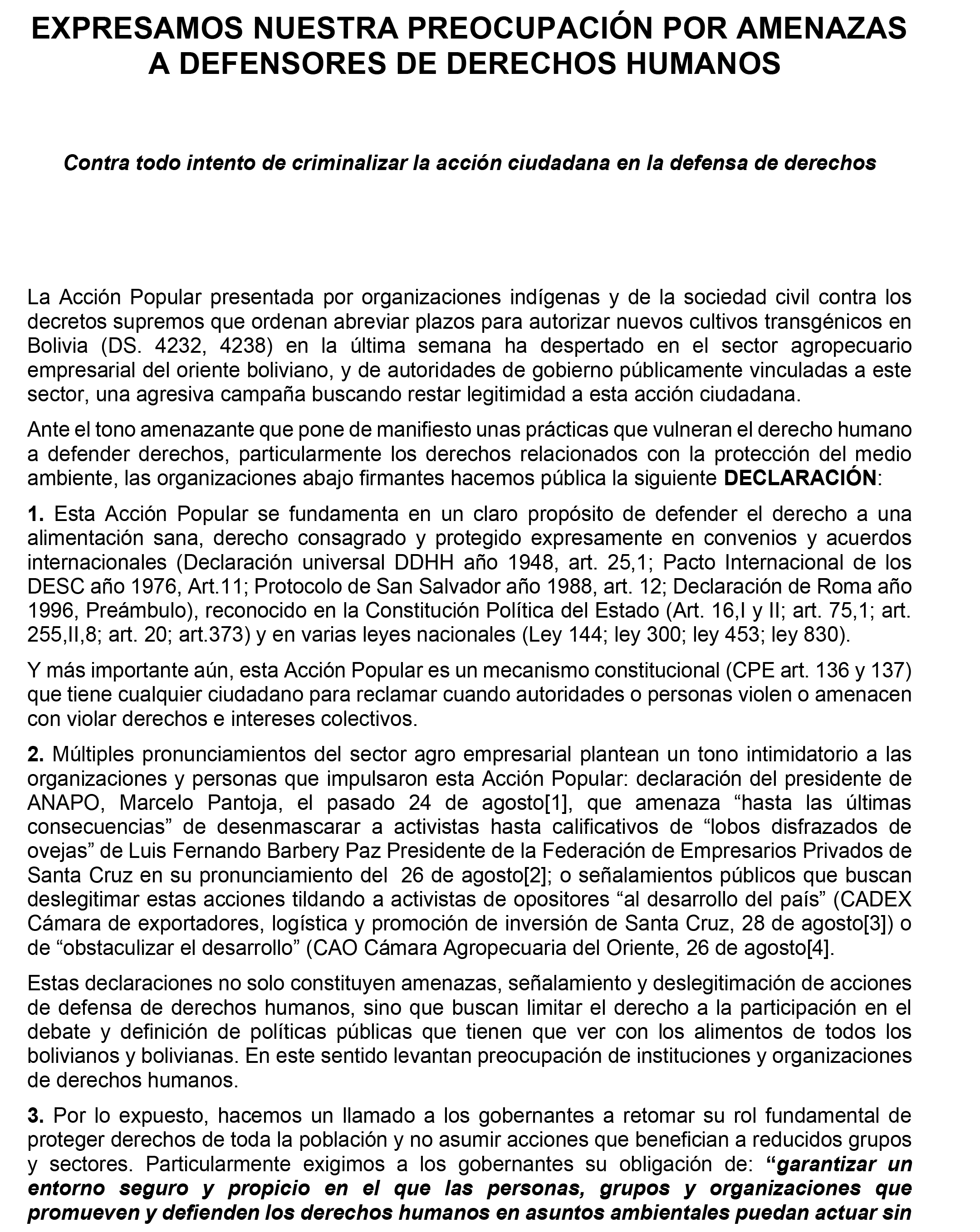 Pronunciamiento: Preocupación por amenazas a defensores de derechos humanos