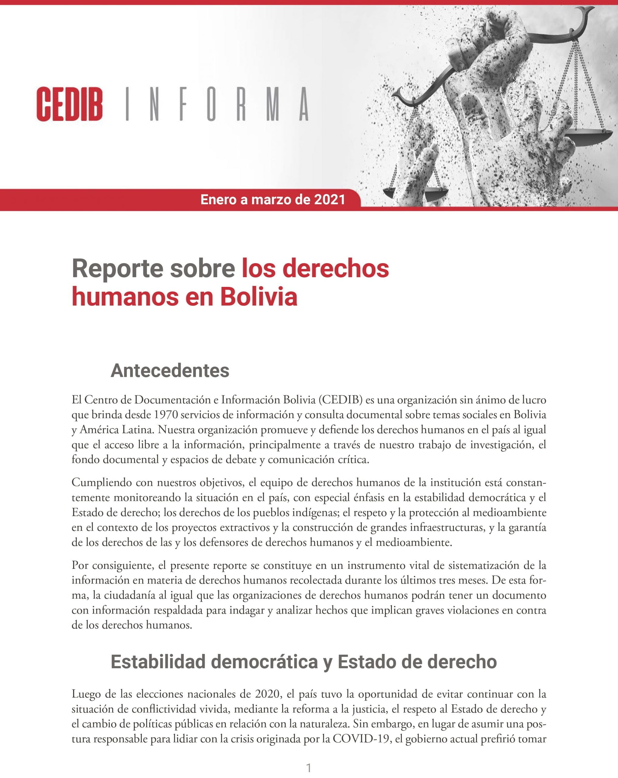 CEDIB Informa: Reporte sobre los derechos humanos en Bolivia (ene-mar 2021)