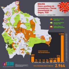 Mapa casos positivos de coronavirus y Tierras Comunitarias de Origen, TCOs (12.5.20)