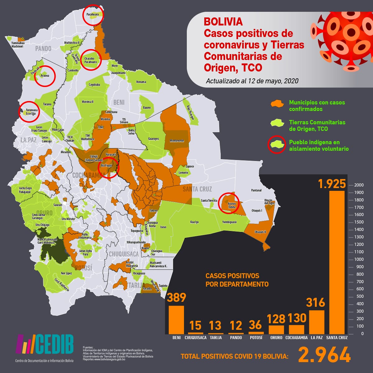 Bolivia Mapa Casos positivos de coronavirus y Tierras Comunitarias de Origen