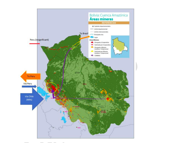 Mapa de las áreas mineras de Bolivia. Fuente: UICN-NL