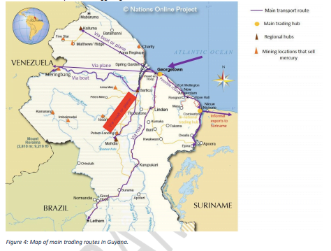 Mapa del comercio de mercurio en Guyana. Fuente: UICN-NL