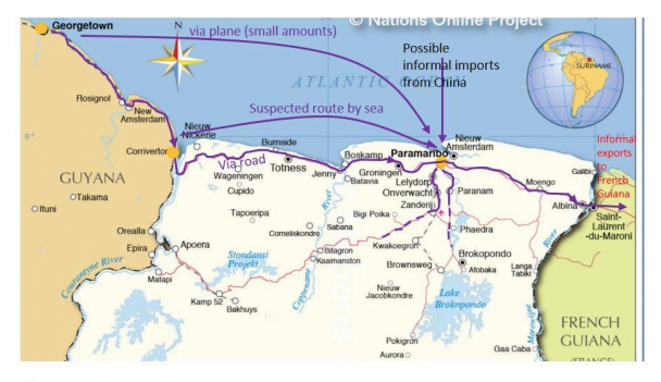 Mapa de las rutas del mercurio en Surinam. Fuente: UICN-NL