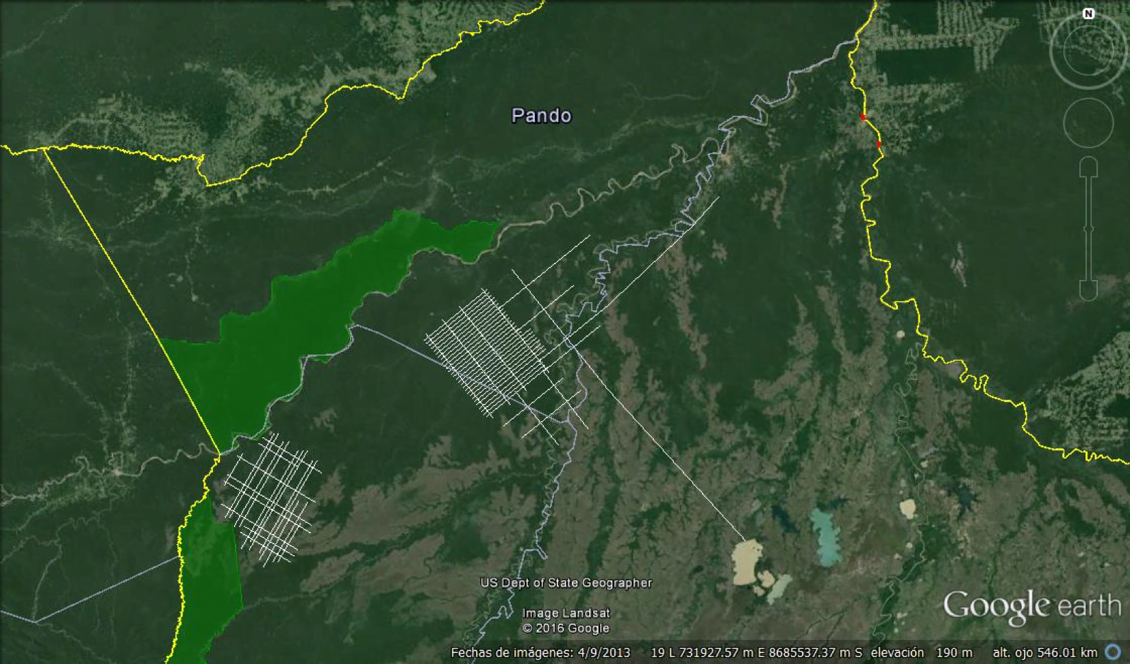Este mapa muestra la zona de intervención en Nueva Esperanza. Fuente: Google Earth / Cedib.