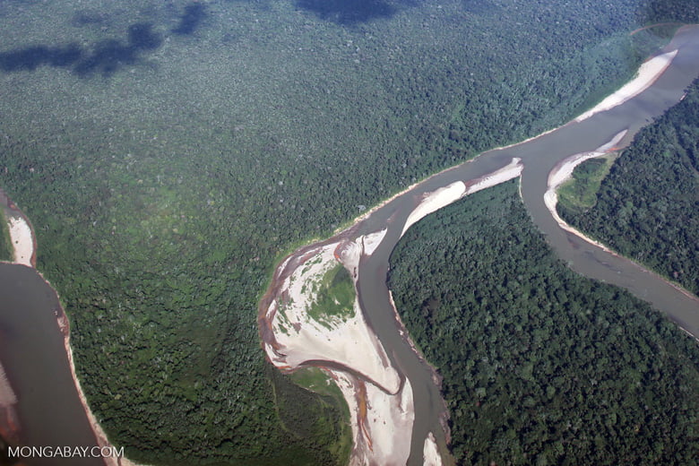 Afluente del Amazonas en época de bajo caudal, cuando se observan meandros. Foto: Rhett Butler/Mongabay.