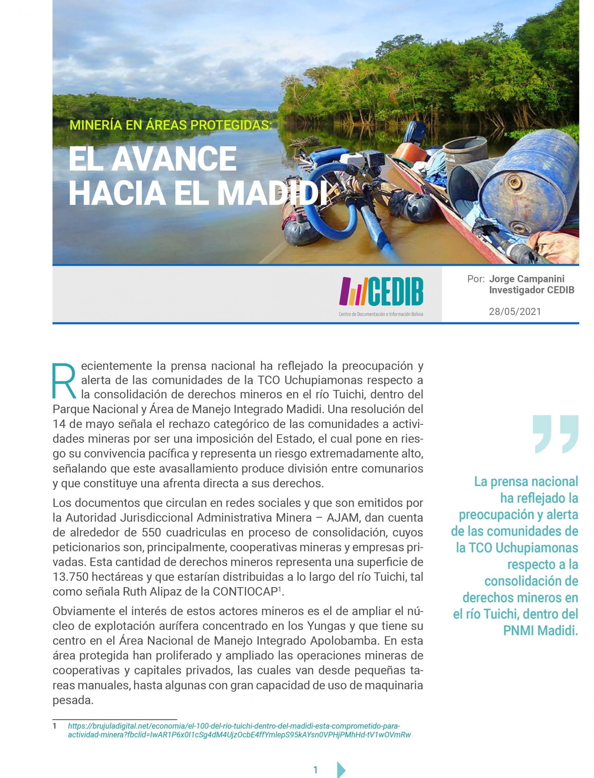 Minería en áreas protegidas El avance hacia el Madidi