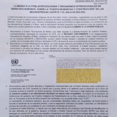 Llamado a la población boliviana y organismos internacionales de derechos humanos, sobre la «puesta en marcha y construcción» de las megarepresas Chepete y El Bala en Bolivia