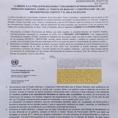 Llamado a la población boliviana y organismos internacionales de derechos humanos, sobre la «puesta en marcha y construcción» de las megarepresas Chepete y El Bala en Bolivia