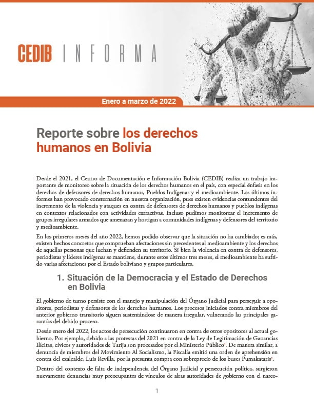 CEDIB Informa: Reporte sobre los derechos humanos en Bolivia (enero a marzo 2022)