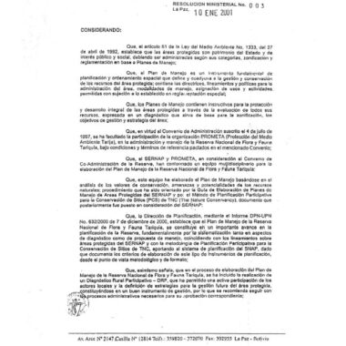 Resolucion Ministerial Plan de Manejo Tariquia 2001