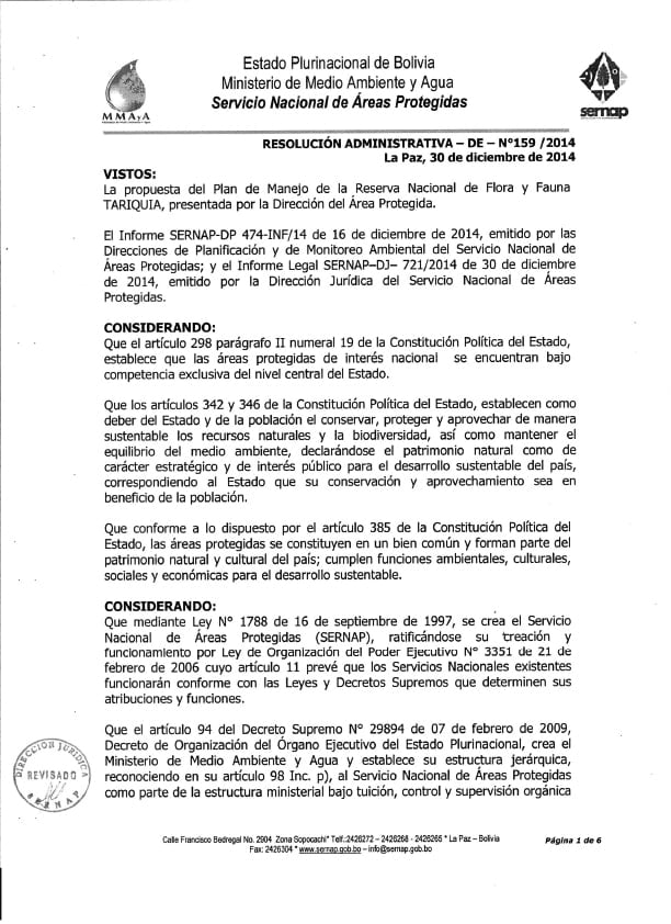 Resolucion Administrativa Plan de Manejo Tariquia