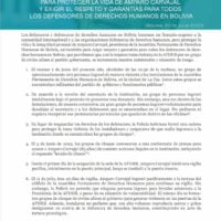 LLAMADO URGENTE A LA COMUNIDAD INTERNACIONAL PARA PROTEGER LA VIDA DE AMPARO CARVAJAL Y EXIGIR EL RESPETO Y GARANTÍAS PARA TODOS LOS DEFENSORES DE DERECHOS HUMANOS EN BOLIVIA.